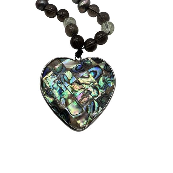 Paua Abalone Shell Mosaic Heart Neck Pendant Fresh Water pearls Mala Necklace - Picture 3 of 5